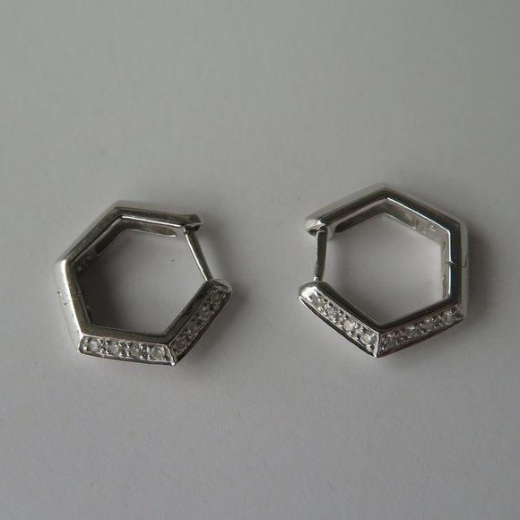 Solid 18K White Gold Diamond Hexagon Hoop Earrings - Picture 6 of 13